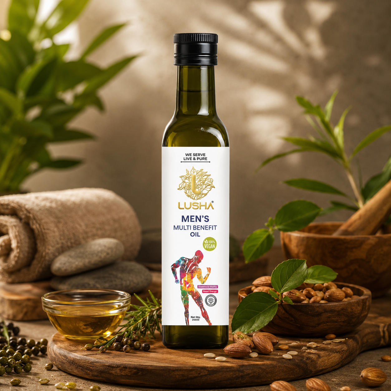 Lusha Men's Multi Benefit Oil bottle displayed on a rustic wooden surface with natural herbs, almonds, and a bowl of oil, representing a premium cold-pressed wellness oil for men's vitality and overall health