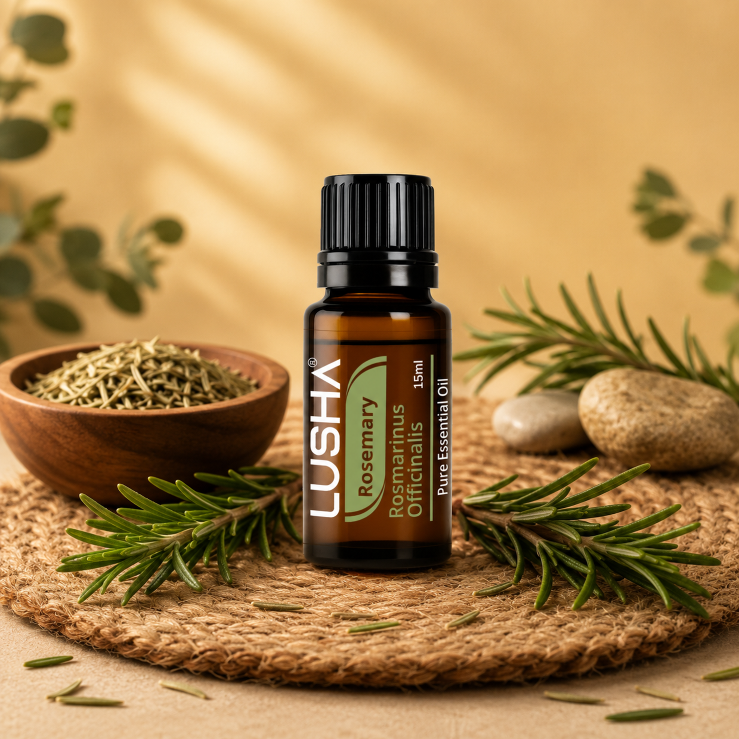 Lusha Rosemary Essential Oil with fresh rosemary in a premium natural wellness setting