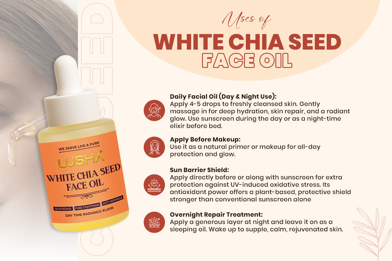 White Chia Seed face oil Oil: Daily Nourishing oil(supports omega-3 nourishment, calms skin, ideal for daily use) uses image