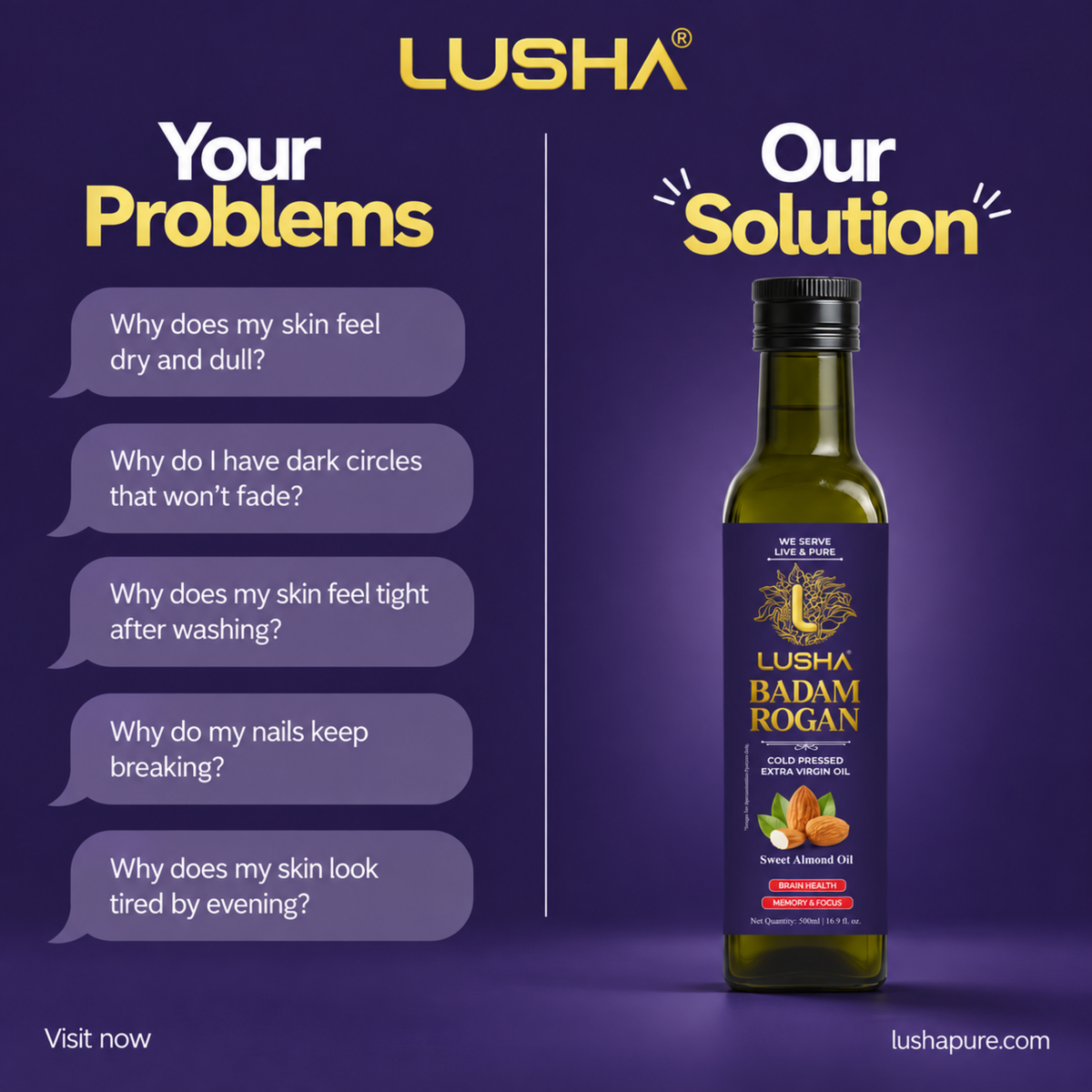 Lusha Pure Badam Rogan Oil — Cold-Pressed Almond Oil for Skin, Face & Body