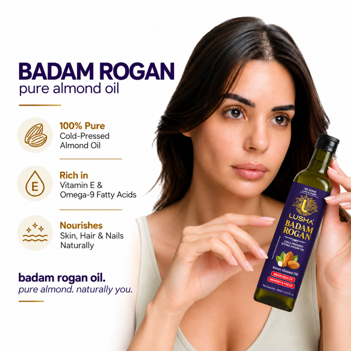 Lusha Pure Badam Rogan Oil — Cold-Pressed Almond Oil for Skin, Face & Body