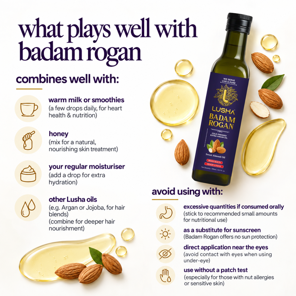 Lusha Pure Badam Rogan Oil — Cold-Pressed Almond Oil for Skin, Face & Body