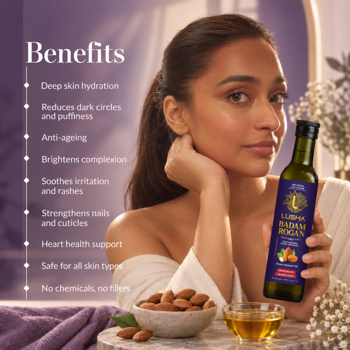 Lusha Pure Badam Rogan Oil — Cold-Pressed Almond Oil for Skin, Face & Body