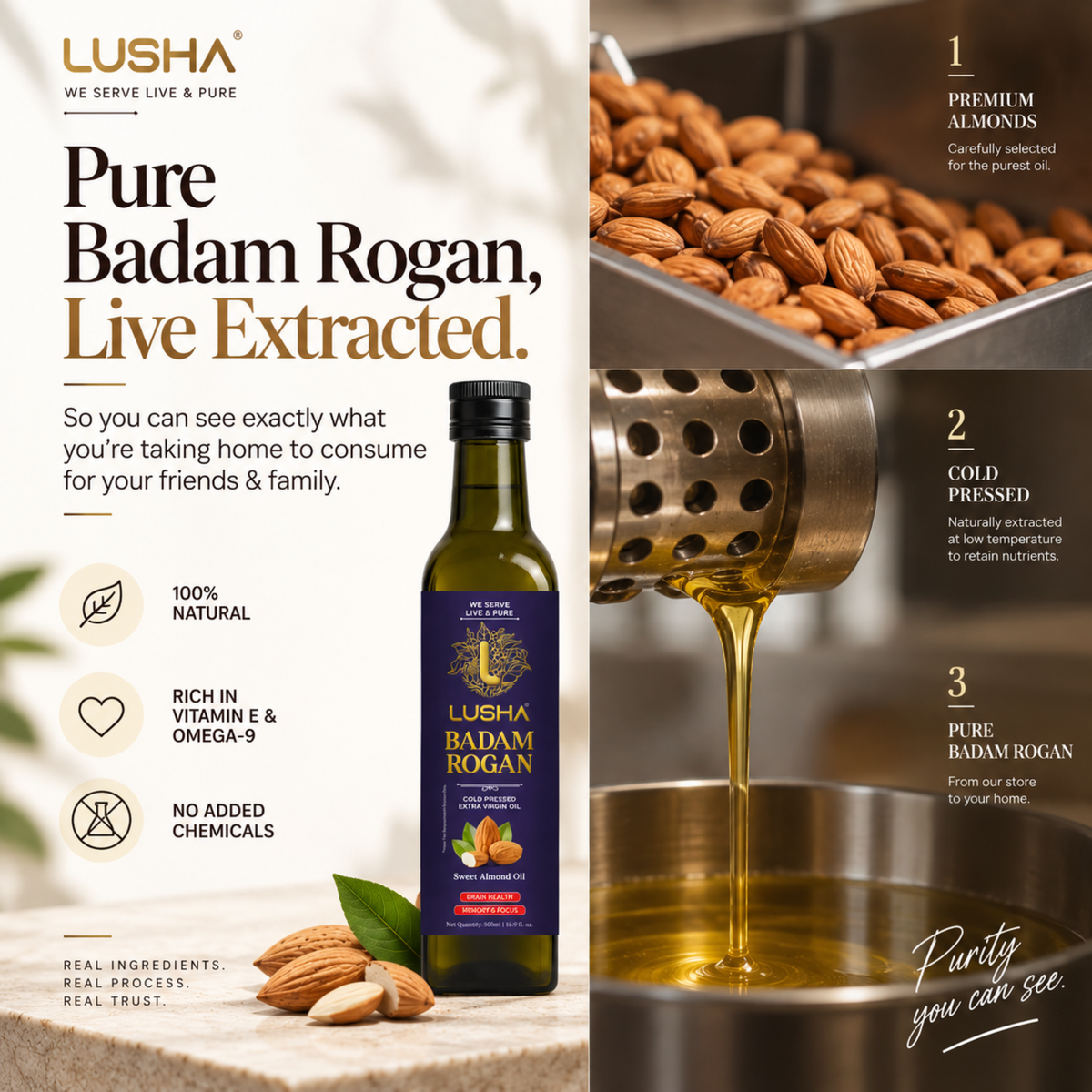 Lusha Pure Badam Rogan Oil — Cold-Pressed Almond Oil for Skin, Face & Body