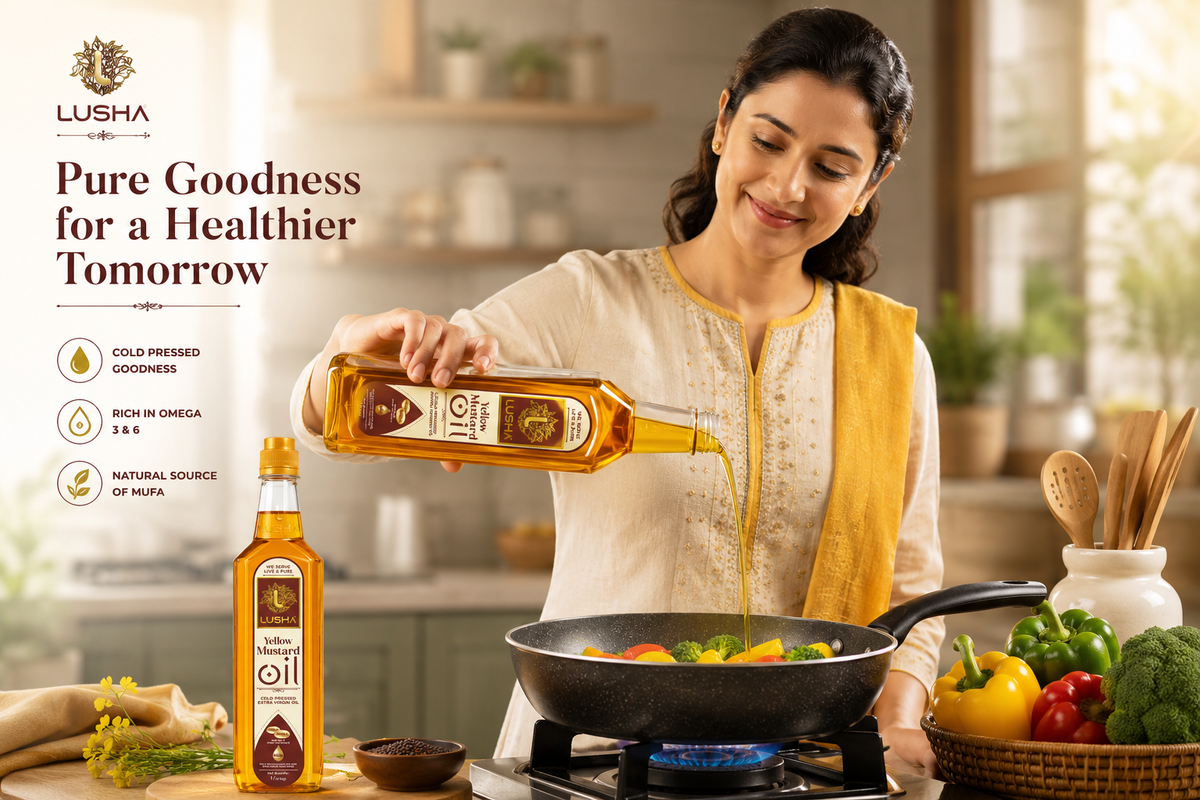 Woman pouring Lusha oil into a pan with vegetables in a kitchen setting.