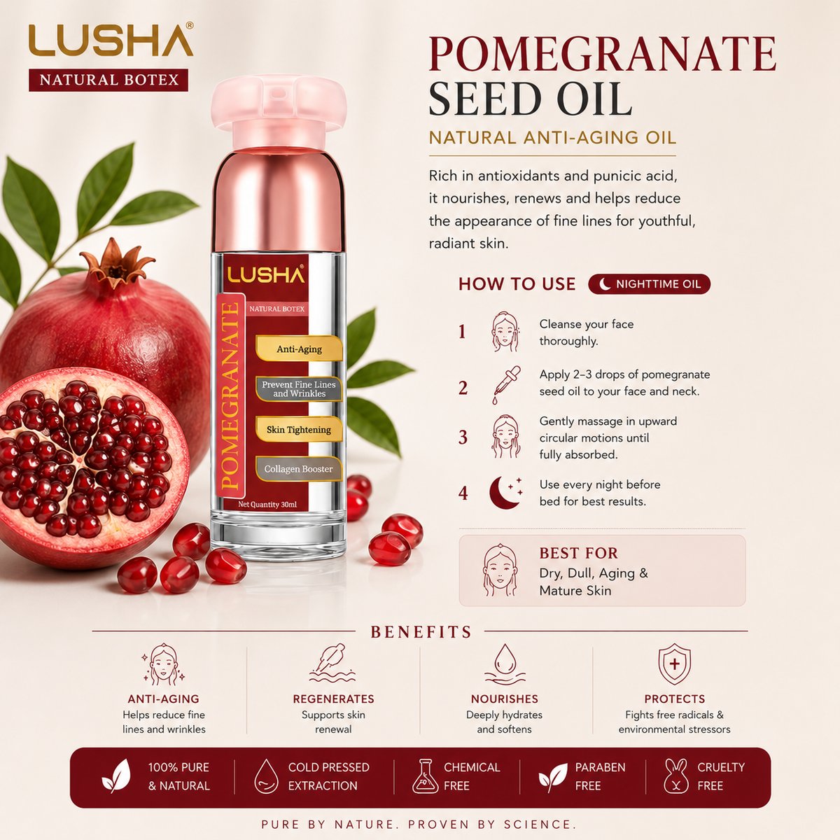 POMEGRANATE SEED OIL — Natural Botox Effect · Lift & Cell Renewal Oil (supports elasticity, firmness & youthful skin renewal)