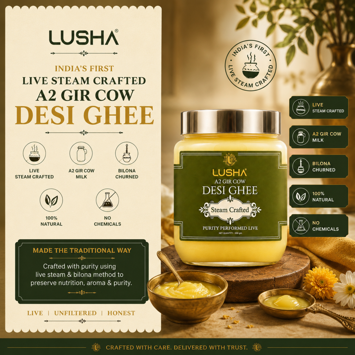 LUSHA A2 Gir Cow Desi Ghee  (Steam Crafted. Bilona Churned. Made Live)