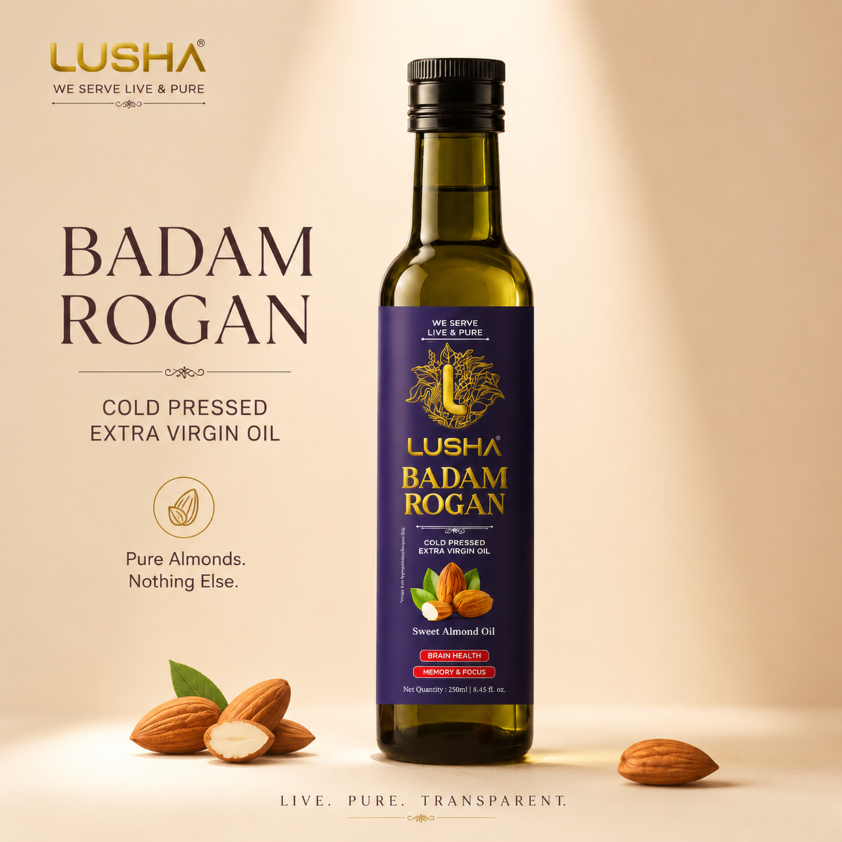 Lusha Pure Badam Rogan Oil — Cold-Pressed Almond Oil for Skin, Face & Body