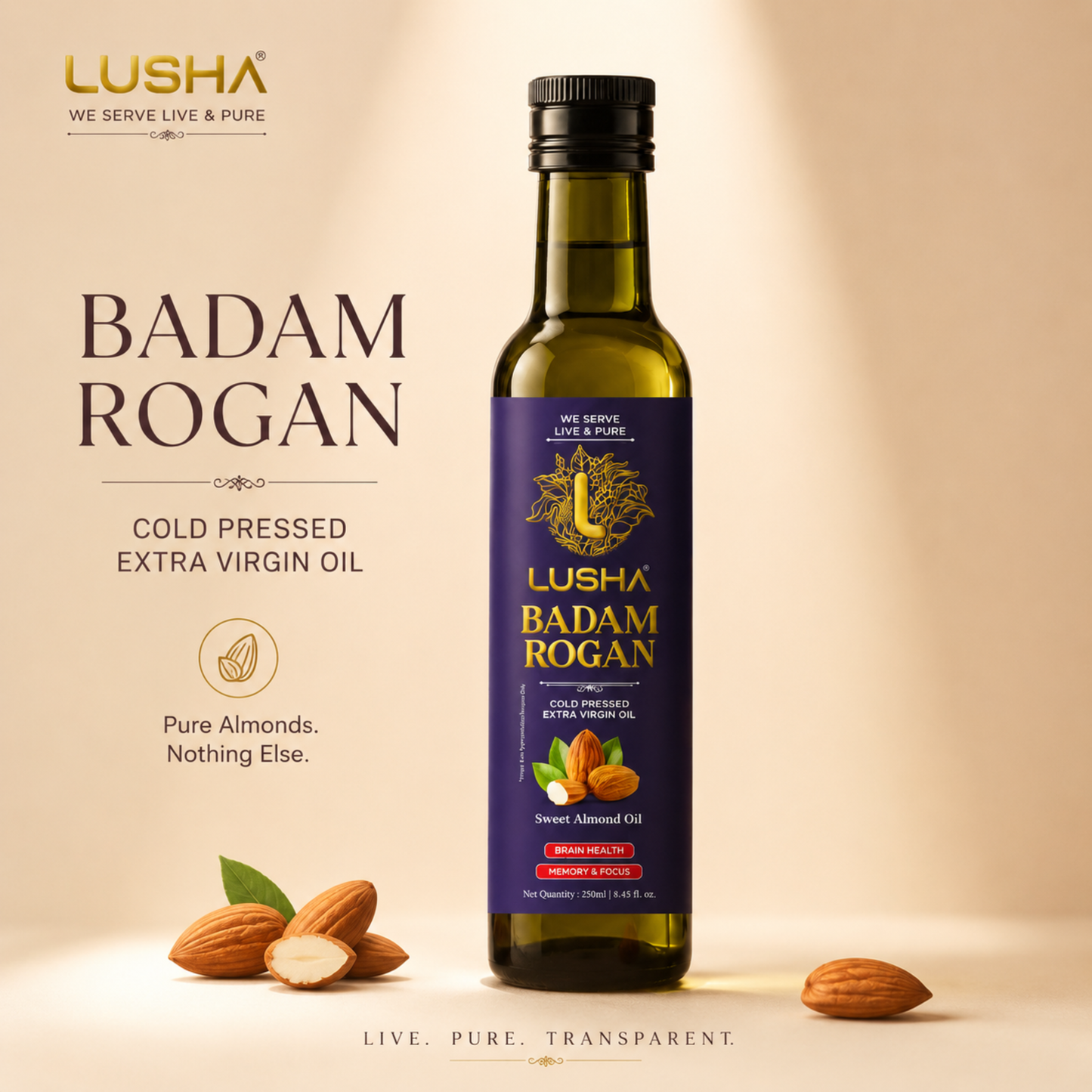 Lusha Pure Badam Rogan Oil — Cold-Pressed Almond Oil for Skin, Face & Body
