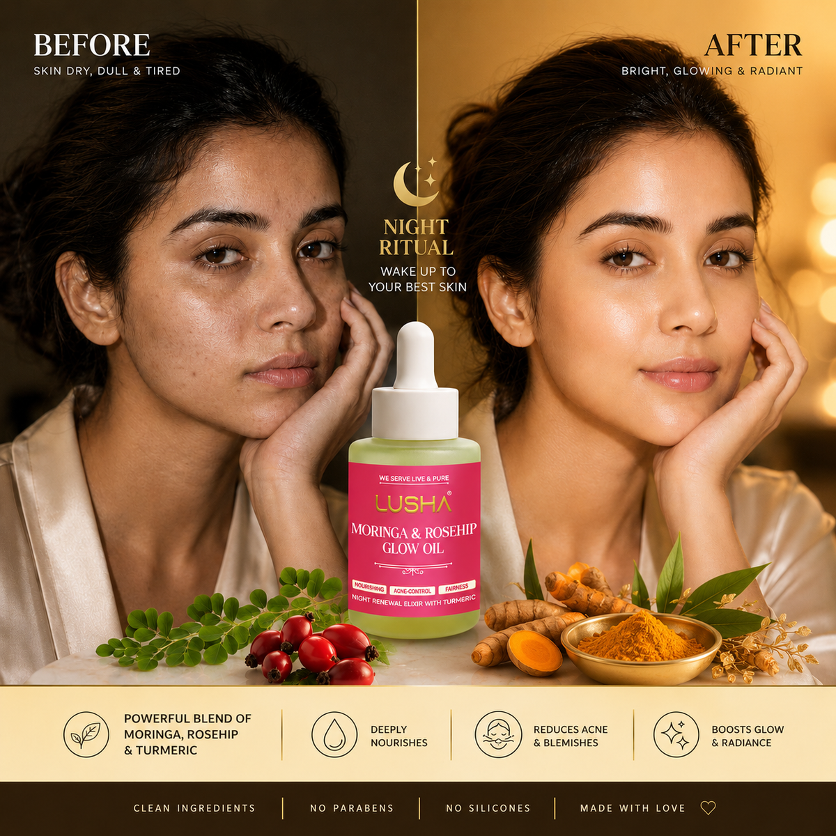 A before-and-after beauty comparison featuring two women, one dry and tired on the left and one glowing and radiant on the right, centered around a bottle of Lusha Moringa & Rosehip Glow Oil. The image includes ingredient props like moringa leaves, berries, turmeric, and a bowl, with text detailing the benefits of the oil.