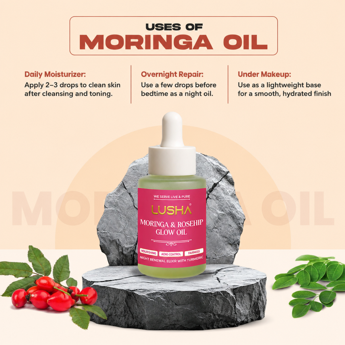 Moringa + Rosehip + Turmeric Oil  – Corrective Glow Oil (targets pigmentation, fine lines & uneven skin tone)