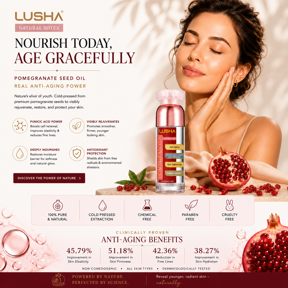 POMEGRANATE SEED OIL — Natural Botox Effect · Lift & Cell Renewal Oil (supports elasticity, firmness & youthful skin renewal)