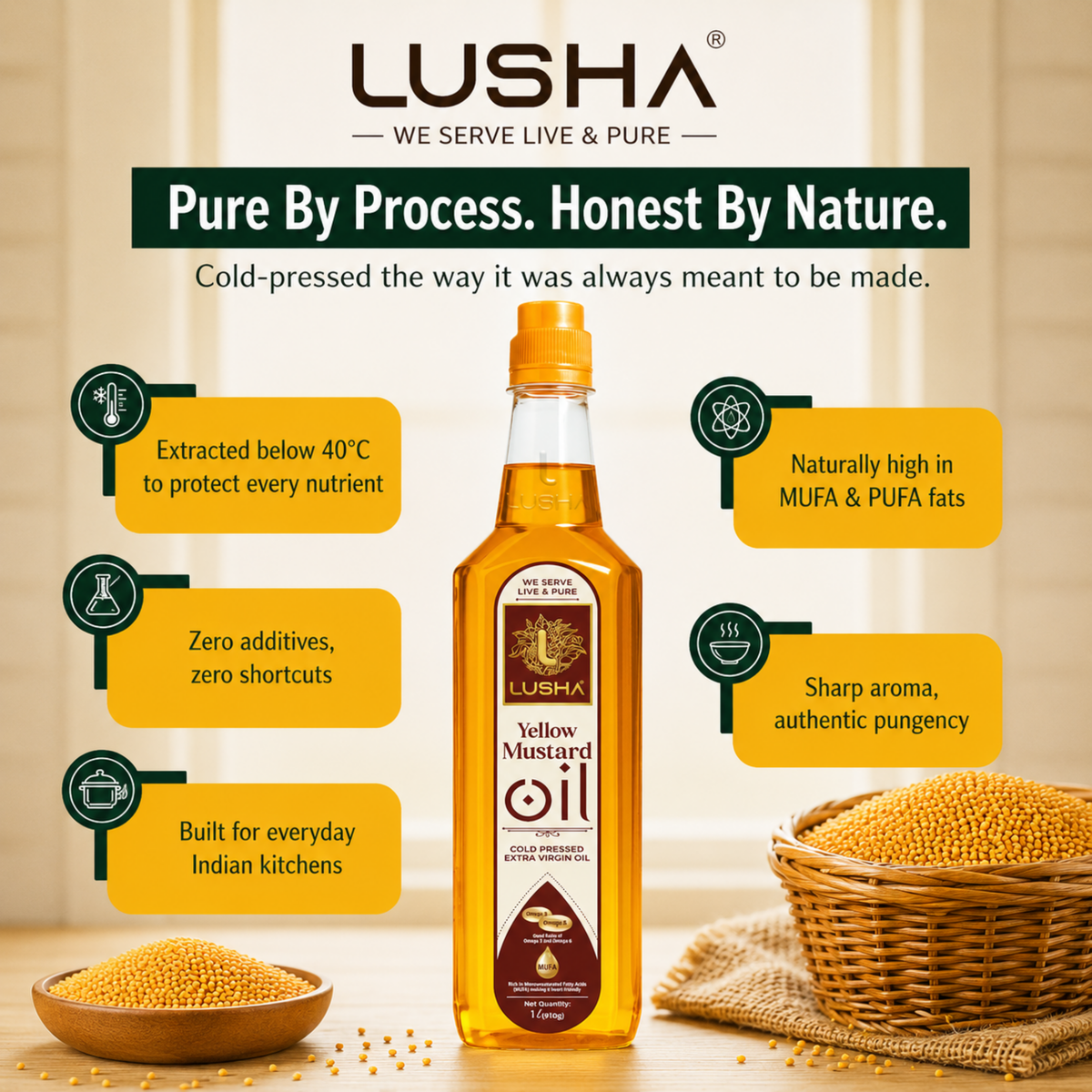 Lusha Cold-Pressed Mustard Oil – Pure, Authentic, and Heart-Healthy Cooking Oil